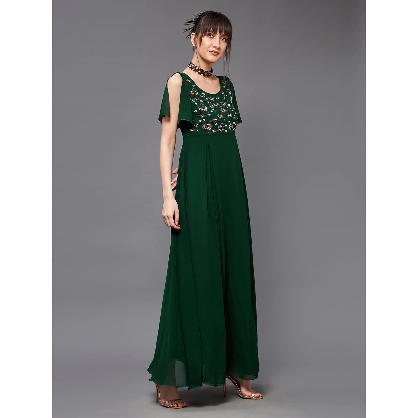 Miss Chase Women's Dark Green Round Short Slit Sleeve Solid Embellished Georgette Maxi Dress (Mcss22D06-50-42-04, Dark Green, M)