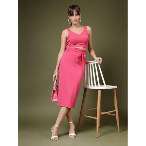 Oomph Stretchable Lycra Coord Top And Skirt Set For Women, Pink - Coord_Mt929Msk120