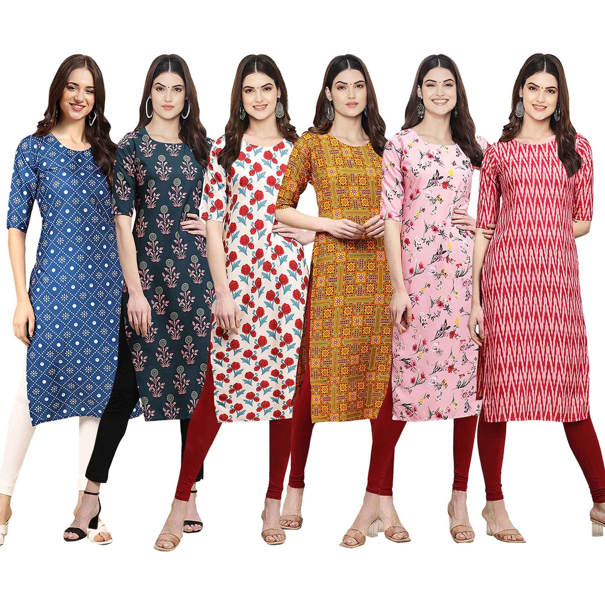 Pinkmint Women's Crepe Digital Print Straight Kurta [Pack Of 6] (Cke-353-335-342-333-339-328-S)