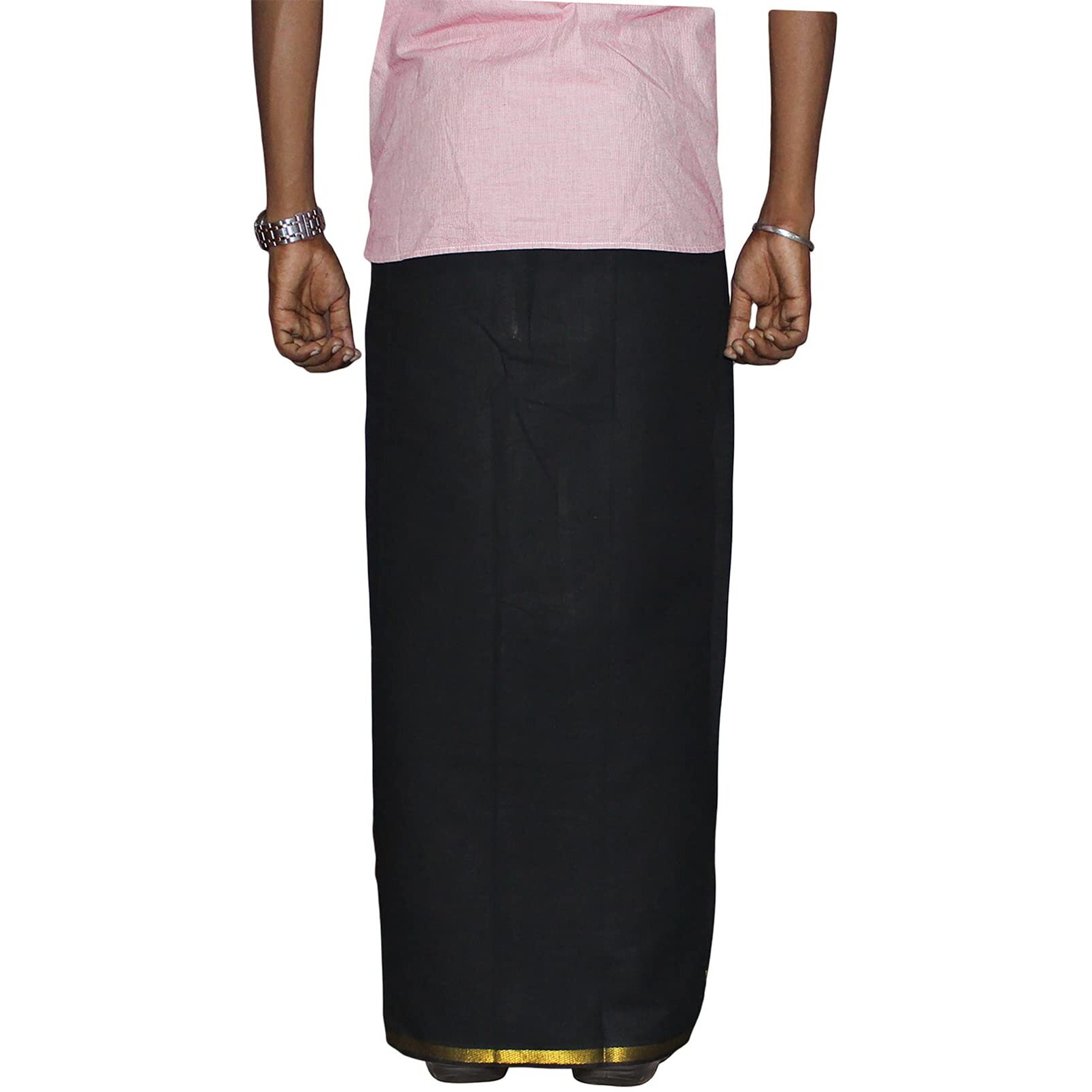 Prakasam Cotton Men's Single Black Colour Welcro Pocket Jari Dhoti With Matching Jari Towel (Hip Size -34)