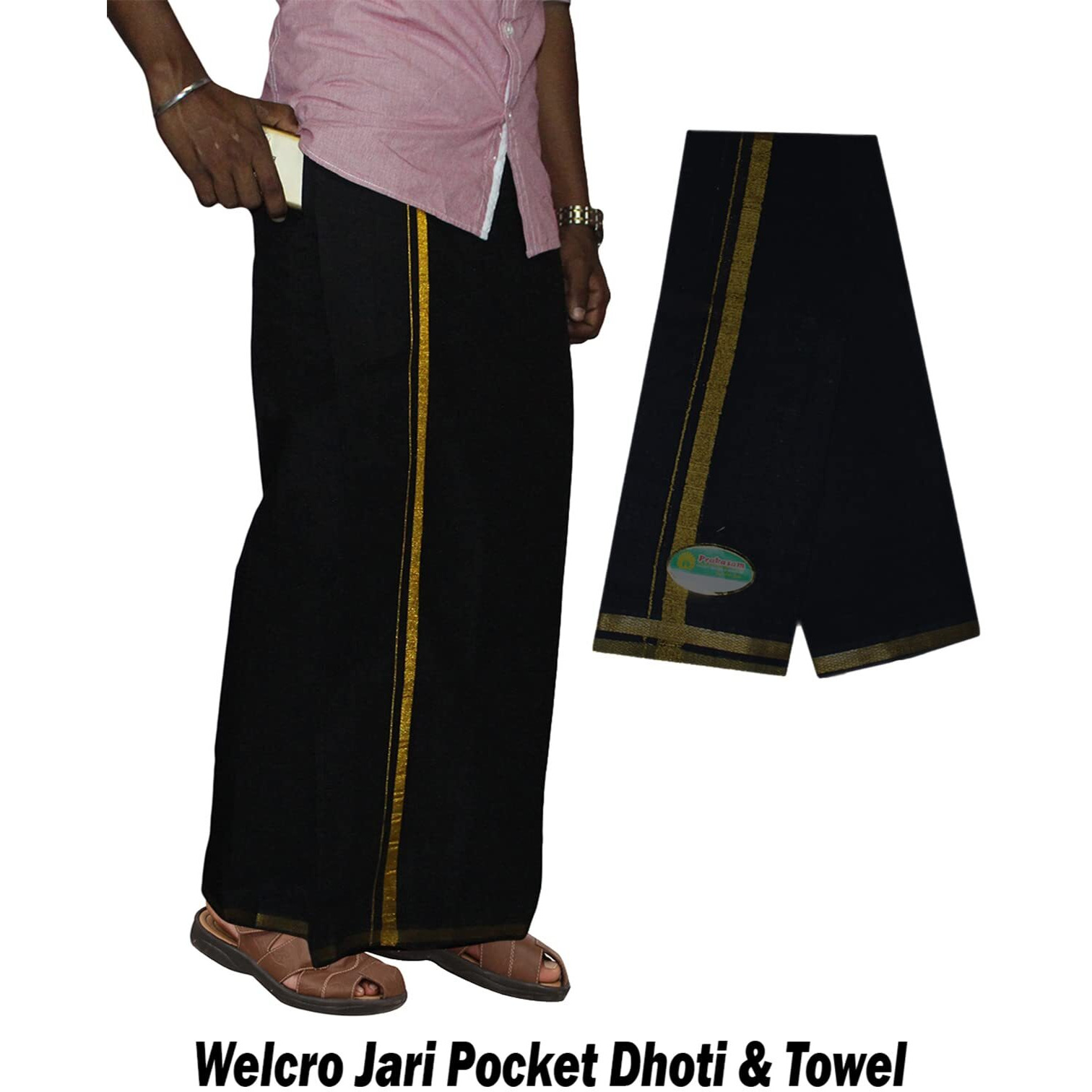 Prakasam Cotton Men's Single Black Colour Welcro Pocket Jari Dhoti With Matching Jari Towel (Hip Size -34)