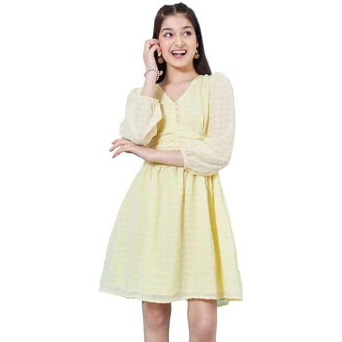 Pspeaches Stylish Self-Design Puff Sleeve Georgette Fit & Flare Yellow Dress Fashinable & Tendy (11-12Years)