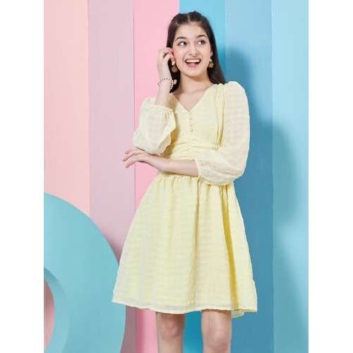 Pspeaches Stylish Self-Design Puff Sleeve Georgette Fit & Flare Yellow Dress Fashinable & Tendy (11-12Years)