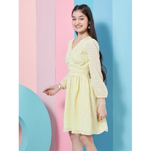 Pspeaches Stylish Self-Design Puff Sleeve Georgette Fit & Flare Yellow Dress Fashinable & Tendy (11-12Years)