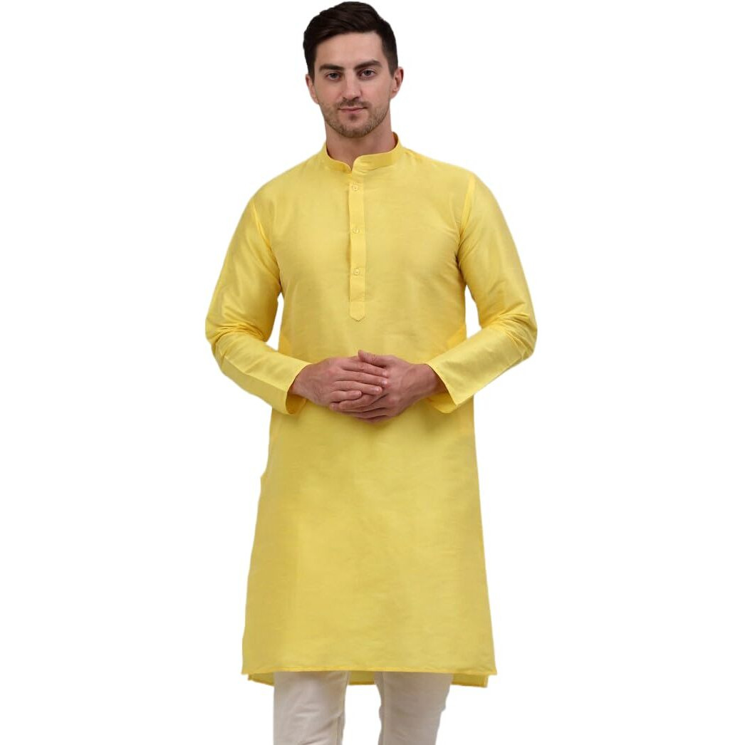 Jompers Men's Solid Dupion Silk Kurtas (Lemon, L)