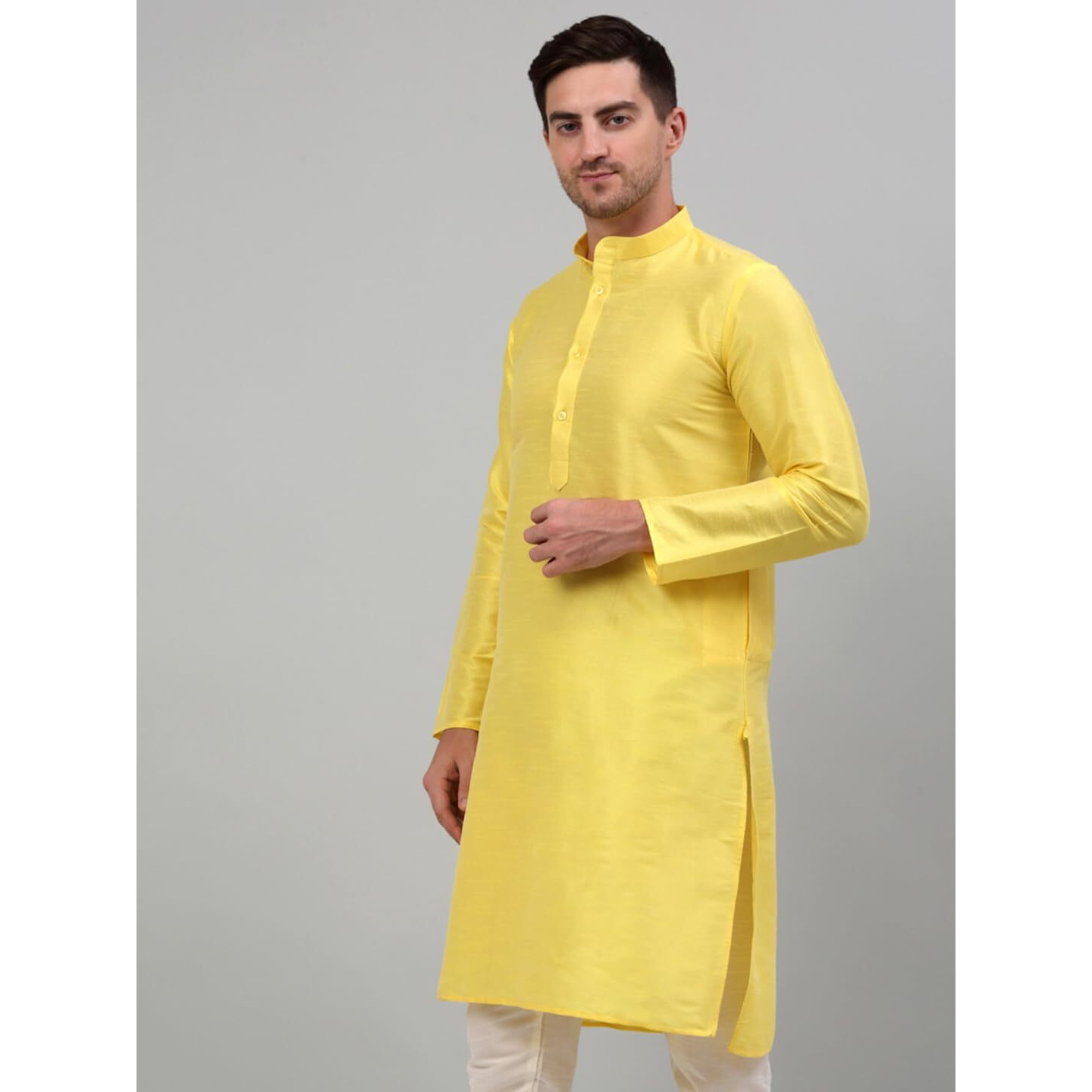 Jompers Men's Solid Dupion Silk Kurtas (Lemon, L)