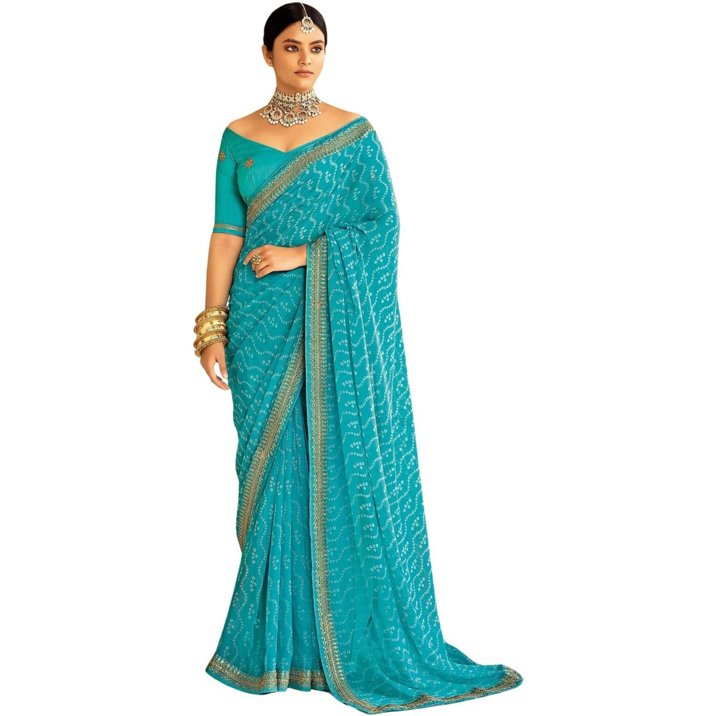 Shiv Textiles Women's Georgette Bandhani Printed & Lace Border Saree(Sat-533S-Blue)
