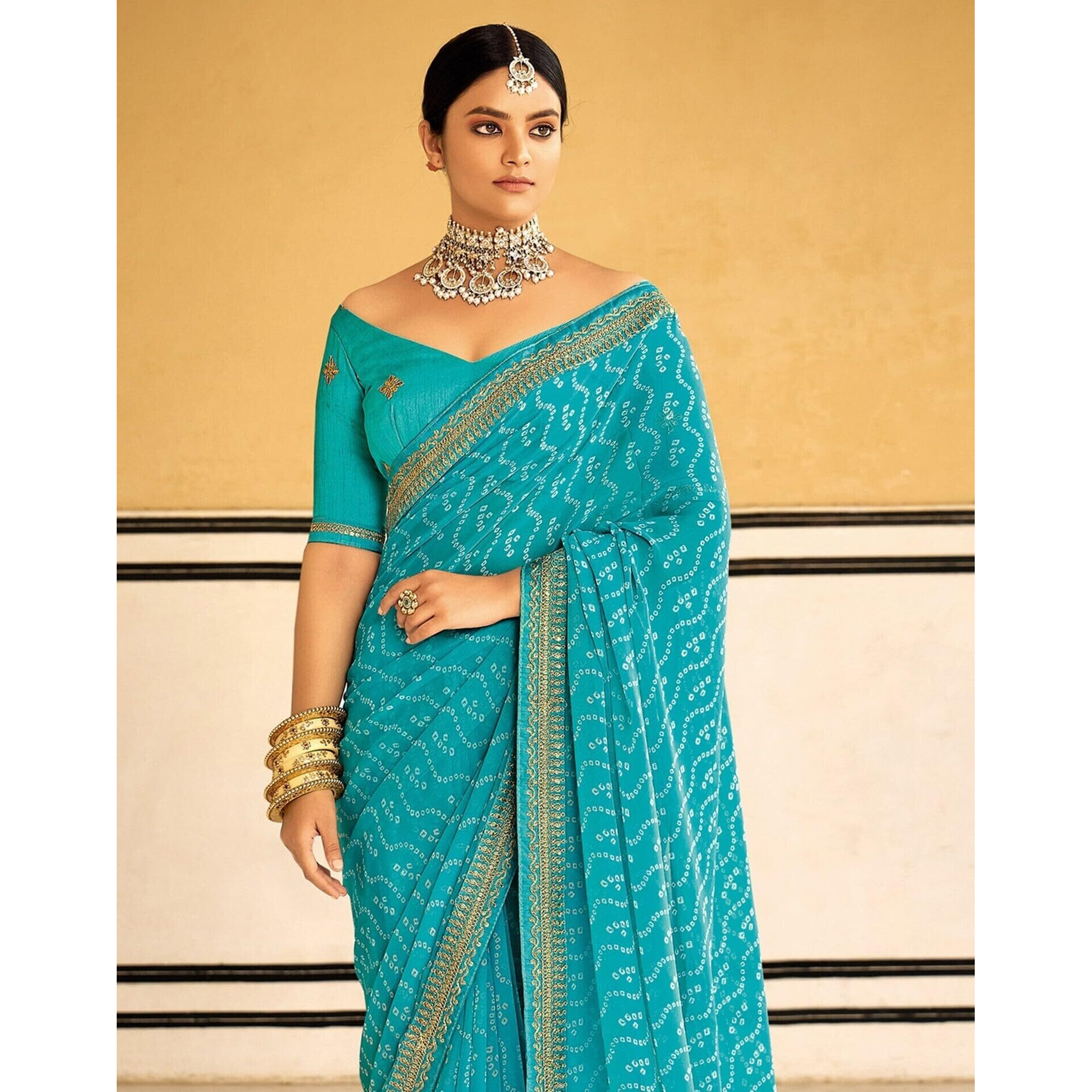 Shiv Textiles Women's Georgette Bandhani Printed & Lace Border Saree(Sat-533S-Blue)