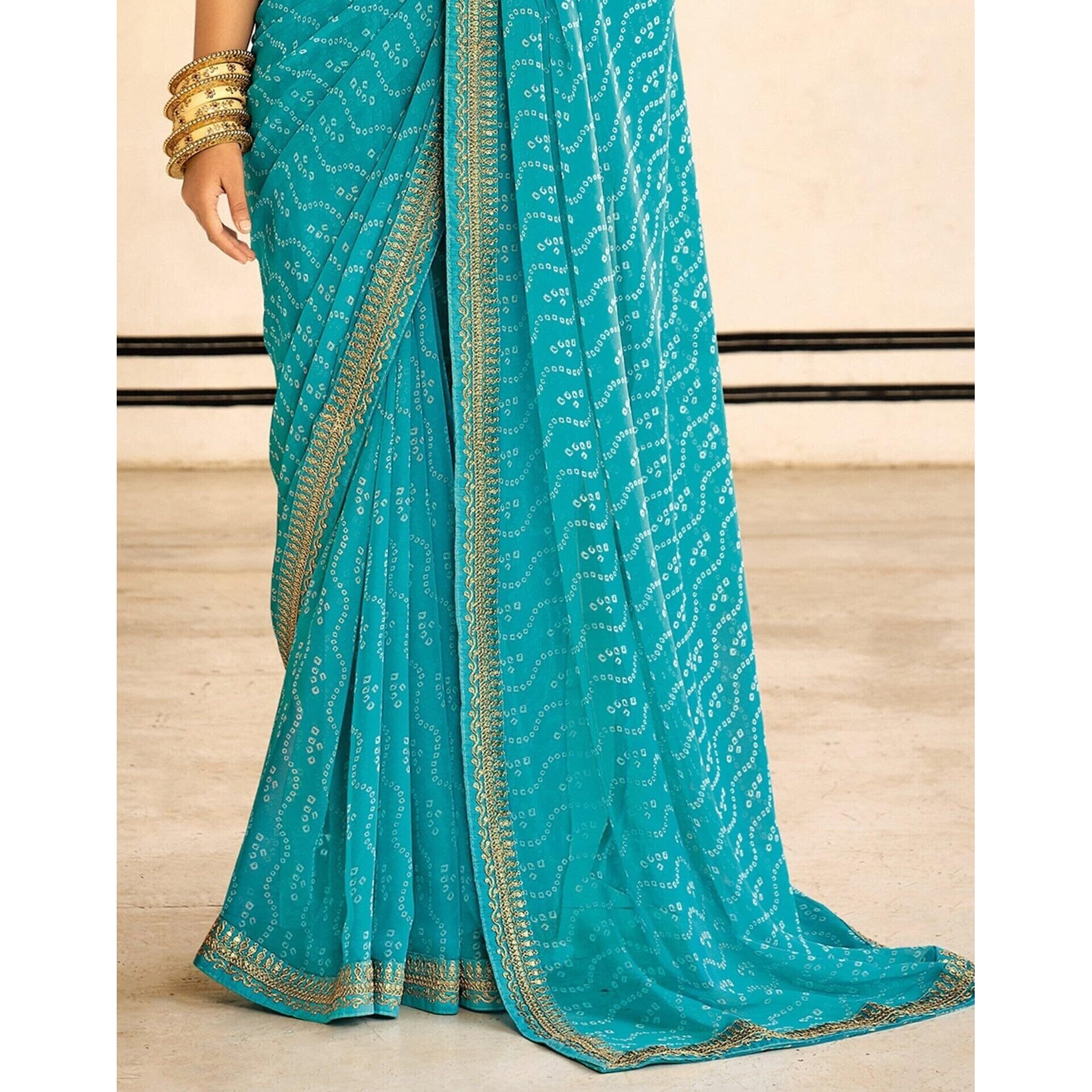 Shiv Textiles Women's Georgette Bandhani Printed & Lace Border Saree(Sat-533S-Blue)