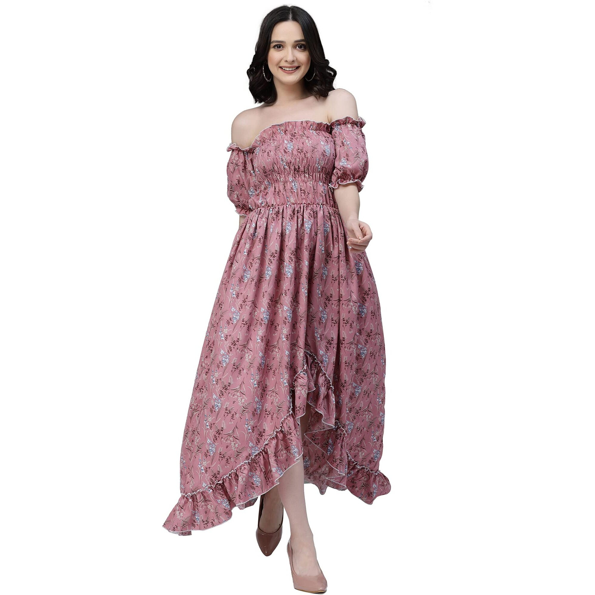 Oomph Flared Dress For Women Stylish | Long One Piece For Women | Off Shoulder Puff Sleeve Long Dress | Floral Print Maxi One Piece | Western & Fusion Wear Bohemian Style