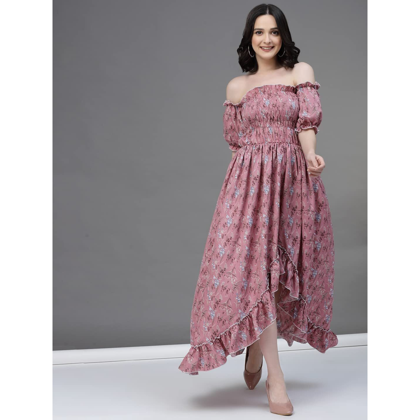 Oomph Flared Dress For Women Stylish | Long One Piece For Women | Off Shoulder Puff Sleeve Long Dress | Floral Print Maxi One Piece | Western & Fusion Wear Bohemian Style