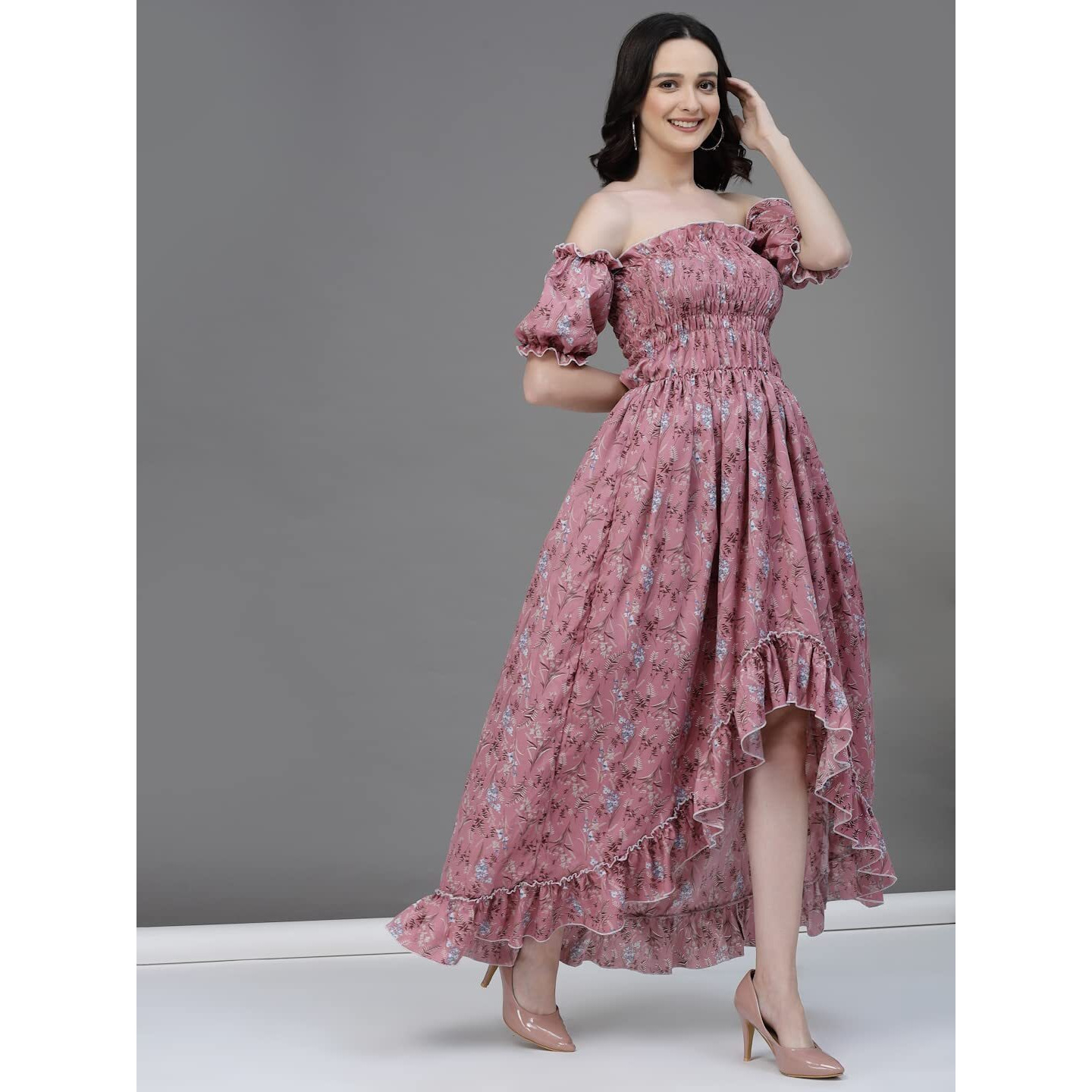 Oomph Flared Dress For Women Stylish | Long One Piece For Women | Off Shoulder Puff Sleeve Long Dress | Floral Print Maxi One Piece | Western & Fusion Wear Bohemian Style