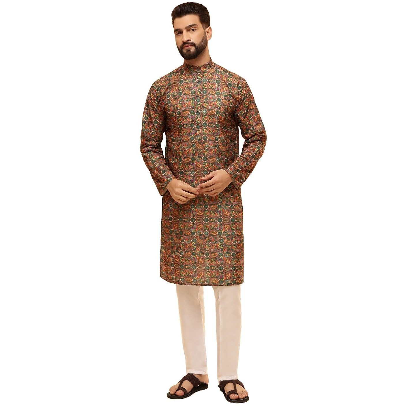 Sojanya (Since 1958 Men's Cotton Linen Kalamkari Printed Multi & Green Kurta With White Pyjama