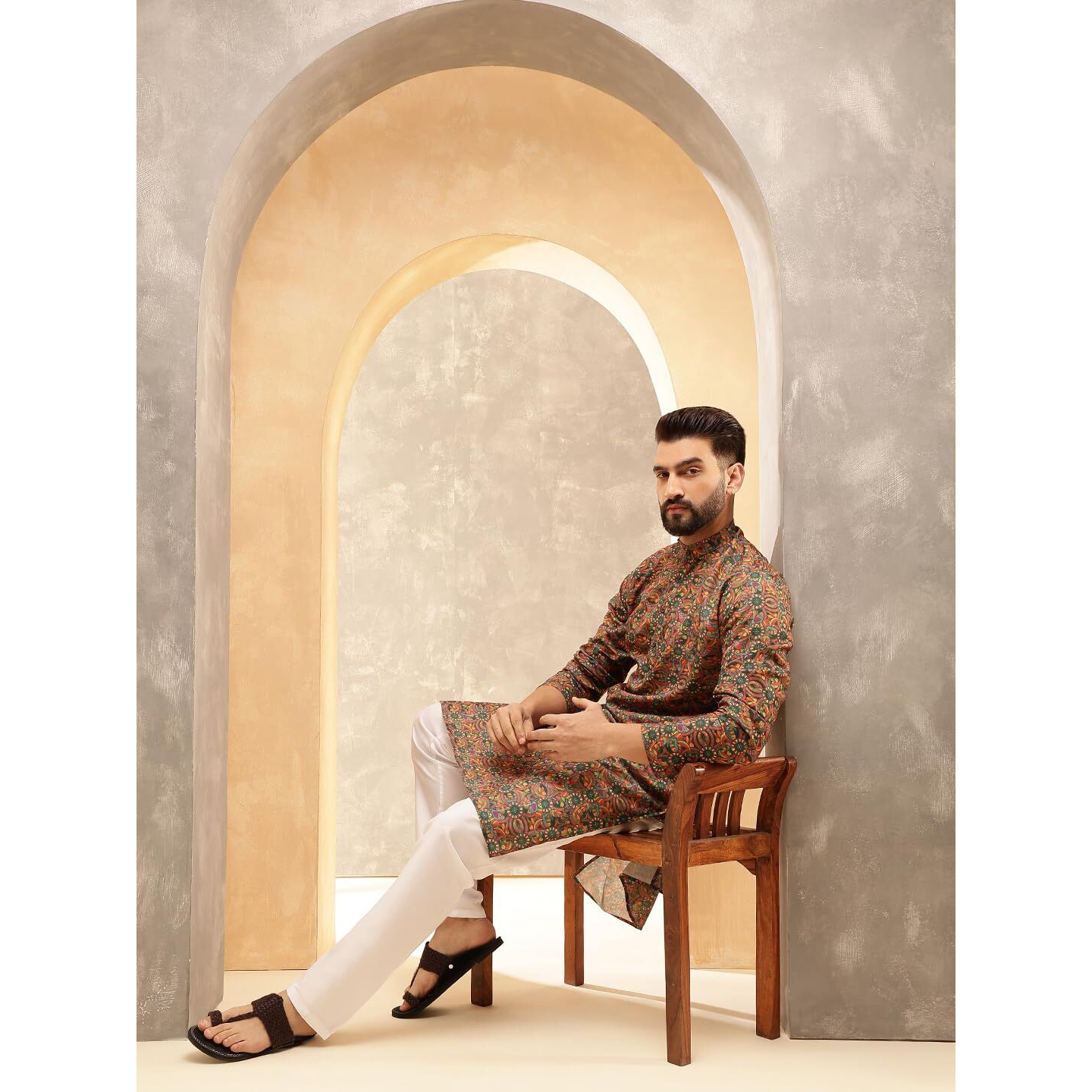 Sojanya (Since 1958 Men's Cotton Linen Kalamkari Printed Multi & Green Kurta With White Pyjama