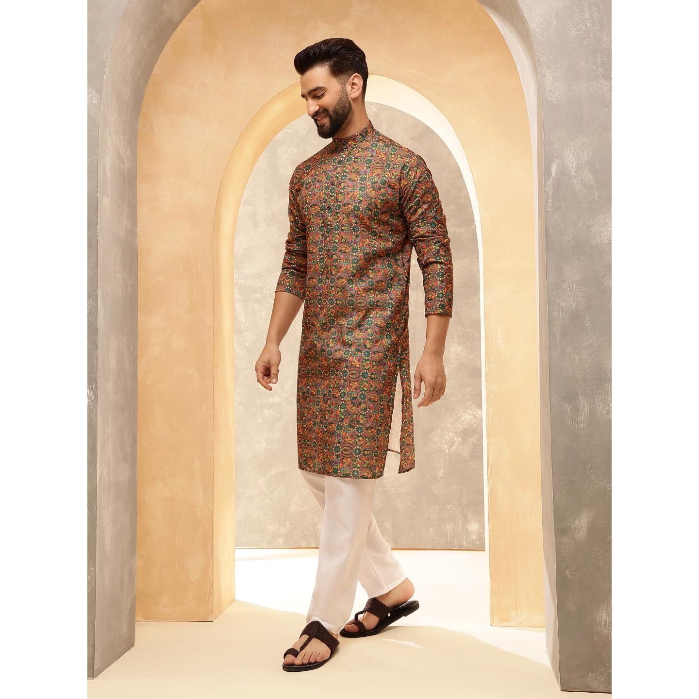 Sojanya (Since 1958 Men's Cotton Linen Kalamkari Printed Multi & Green Kurta With White Pyjama