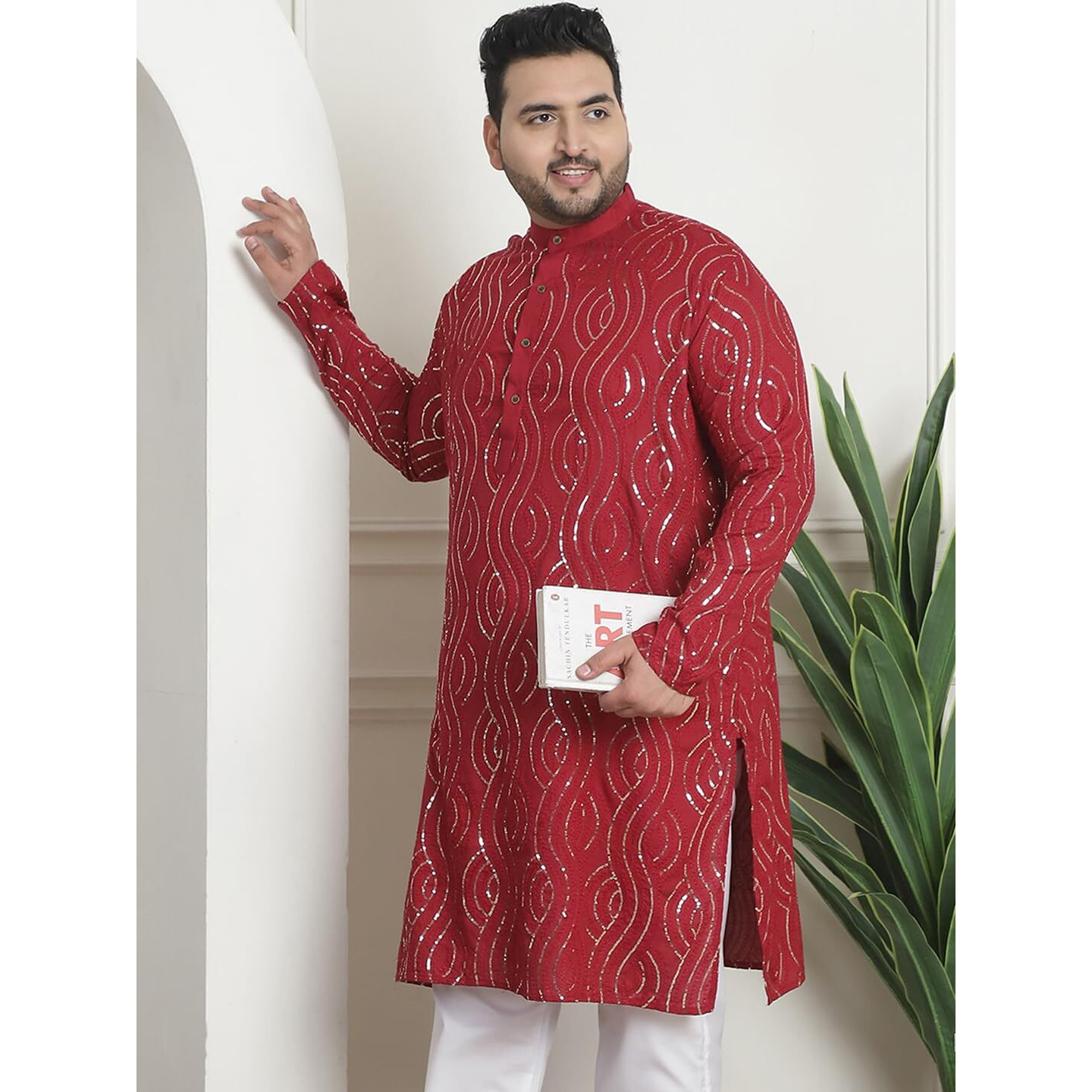 Sojanya Plus (Since 1958) Men's Cotton Designer Maroon Long Kurta