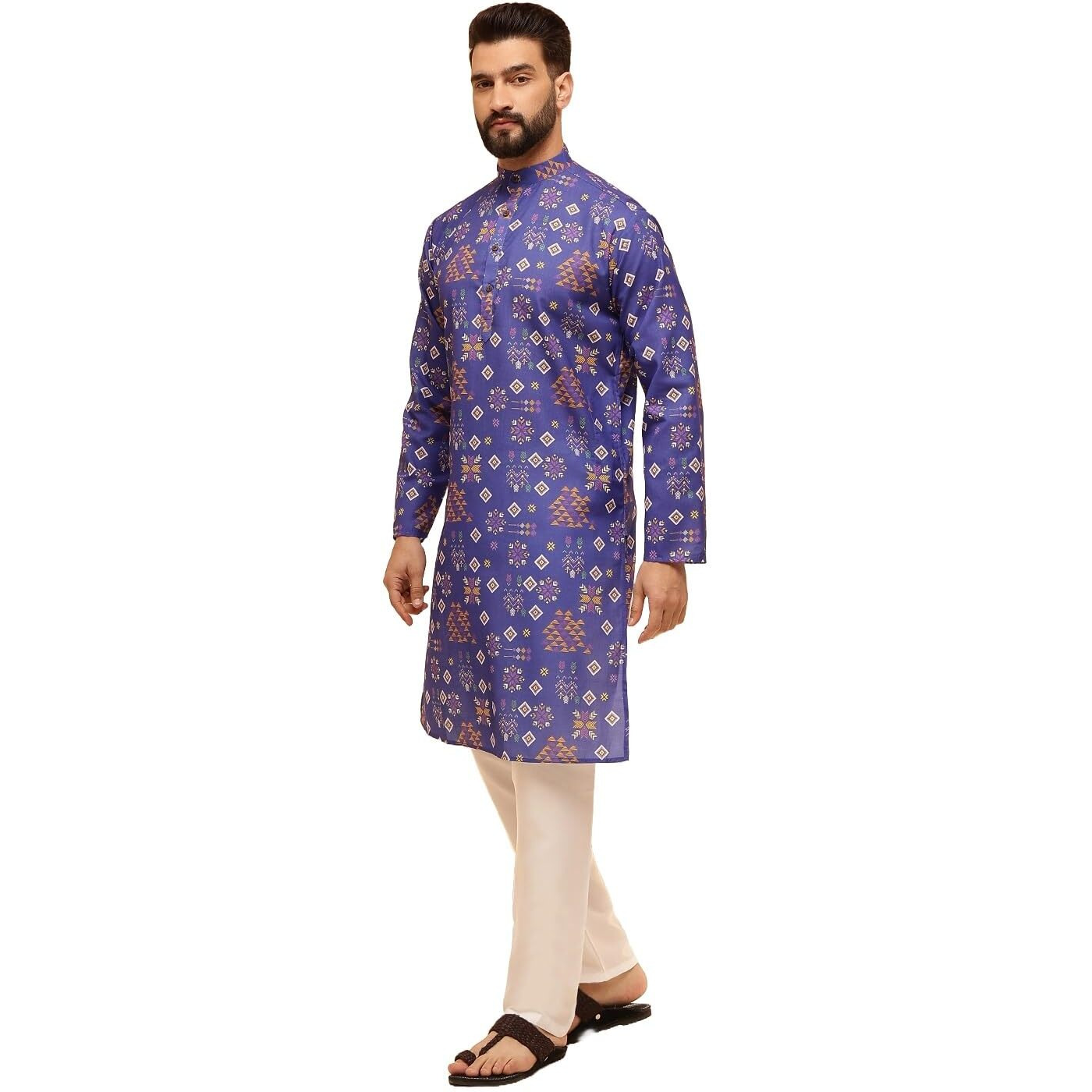 Sojanya (Since 1958 Men's Cotton Linen Ethnic Motifs Printed Blue Kurta With White Pyjama