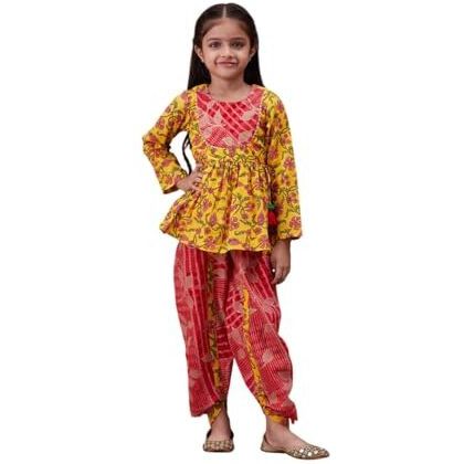 Pspeaches Girl's Cotton Dhoti Set (Dh-Yellowjaal-8-10Y_Yellow
