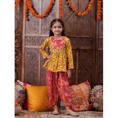 Pspeaches Girl's Cotton Dhoti Set (Dh-Yellowjaal-8-10Y_Yellow