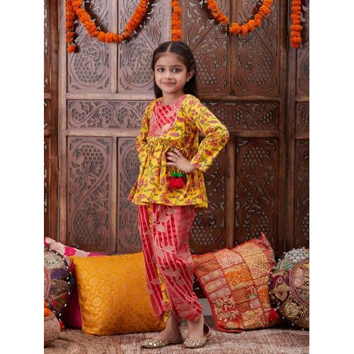 Pspeaches Girl's Cotton Dhoti Set (Dh-Yellowjaal-8-10Y_Yellow