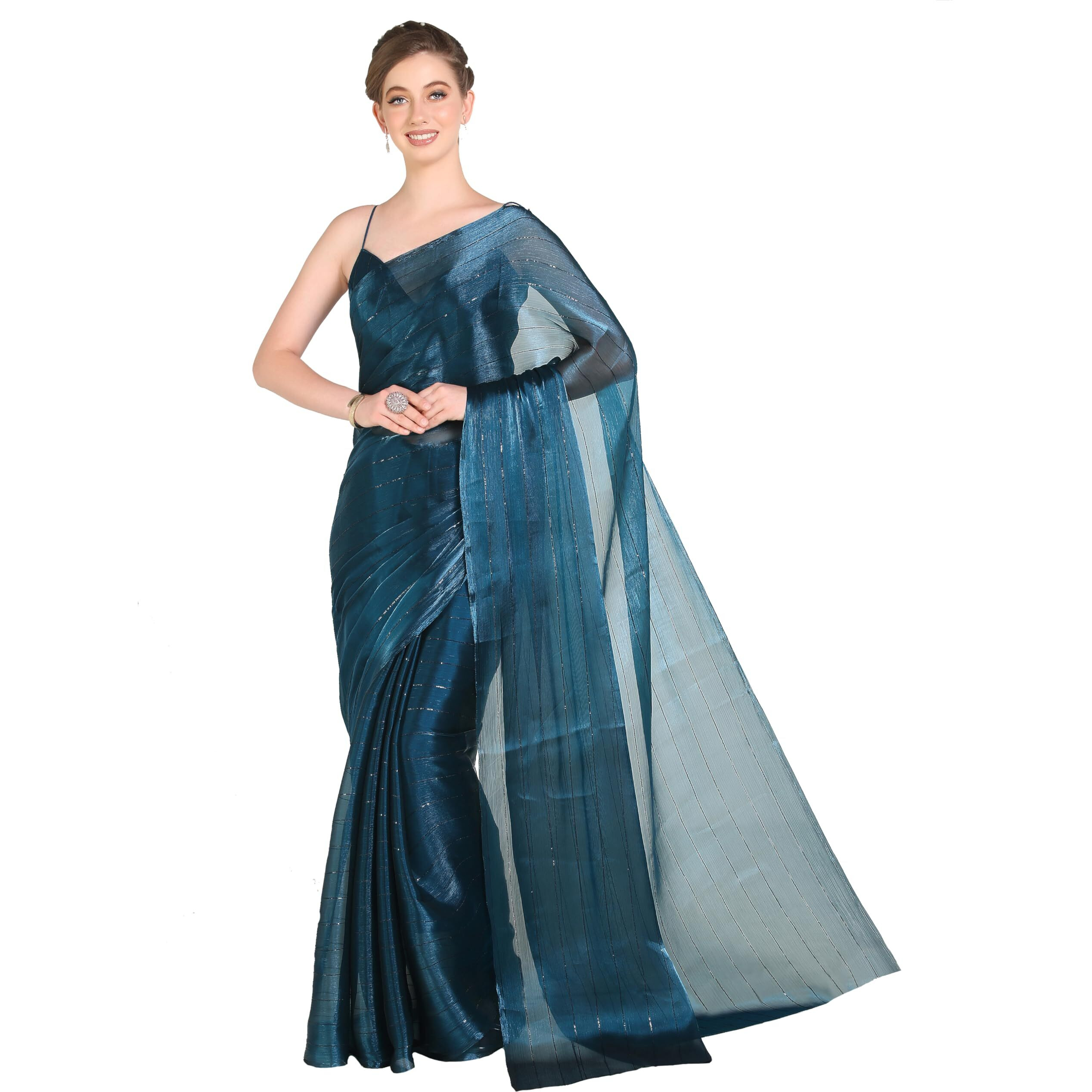 Pujia Mills Woman's Sequence Silk Morpeach Saree With Stitched Spaghetti Strap Sleeveless Blouse