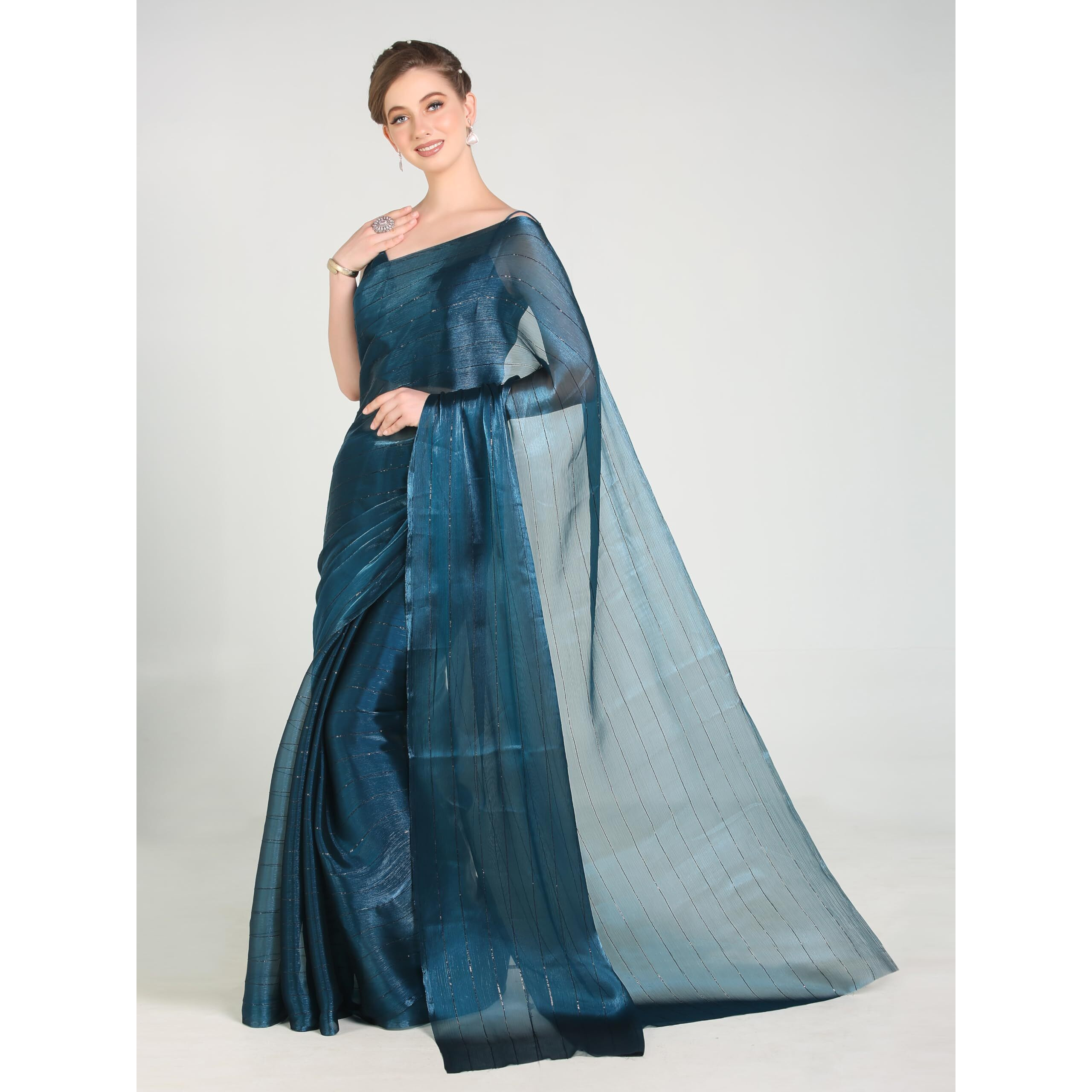 Pujia Mills Woman's Sequence Silk Morpeach Saree With Stitched Spaghetti Strap Sleeveless Blouse