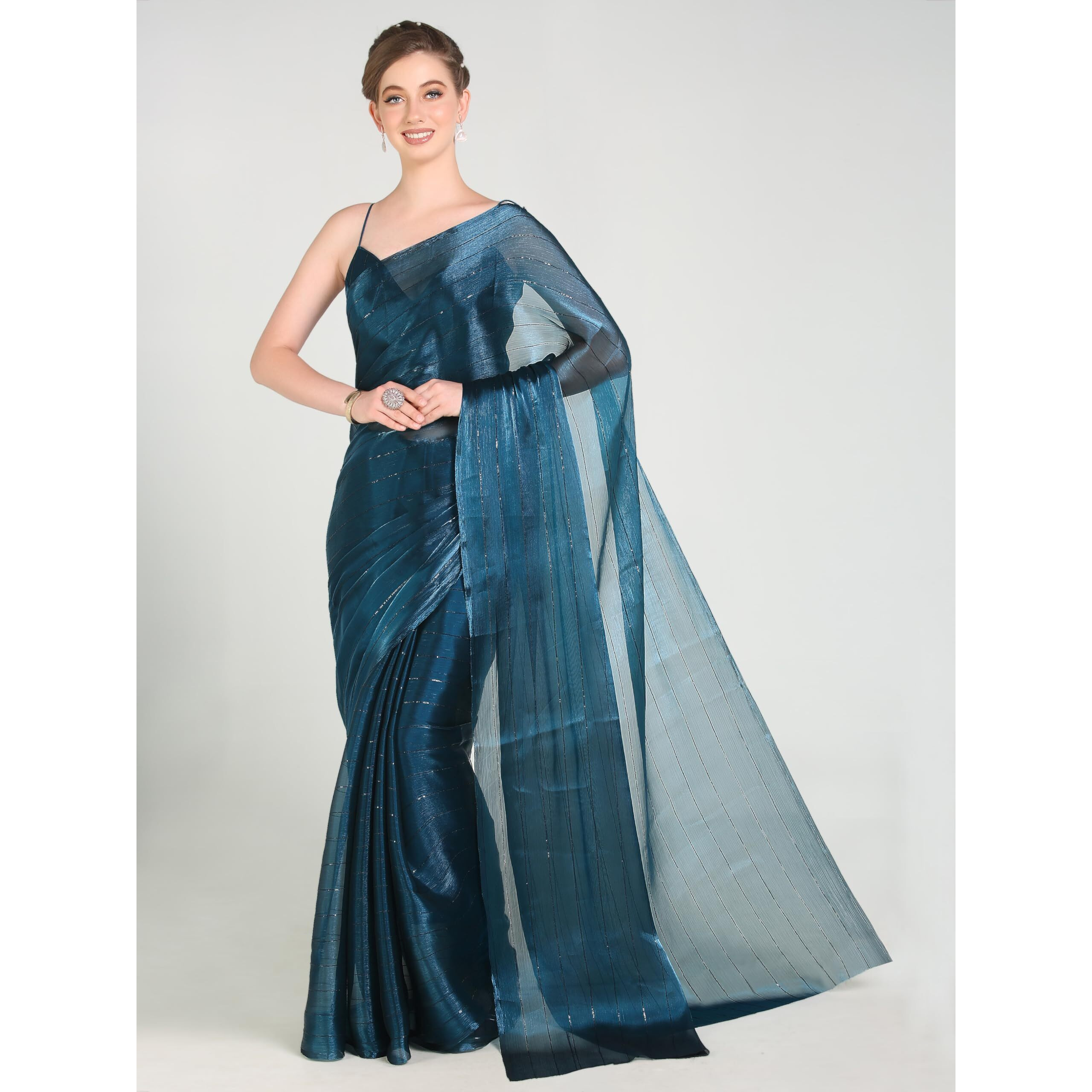 Pujia Mills Woman's Sequence Silk Morpeach Saree With Stitched Spaghetti Strap Sleeveless Blouse