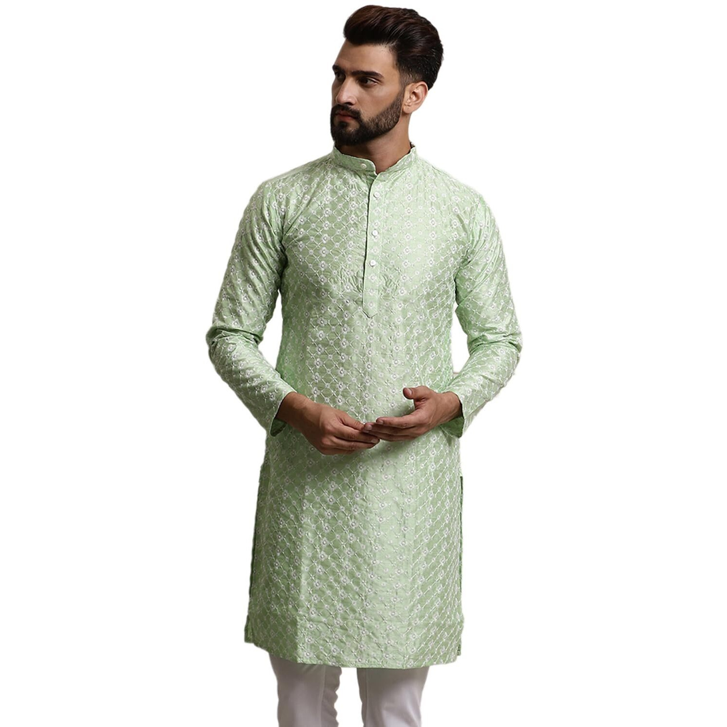 Sojanya (Since 1958 Men's Silk Blend Sea Green Embroidered Only Long Long Kurta