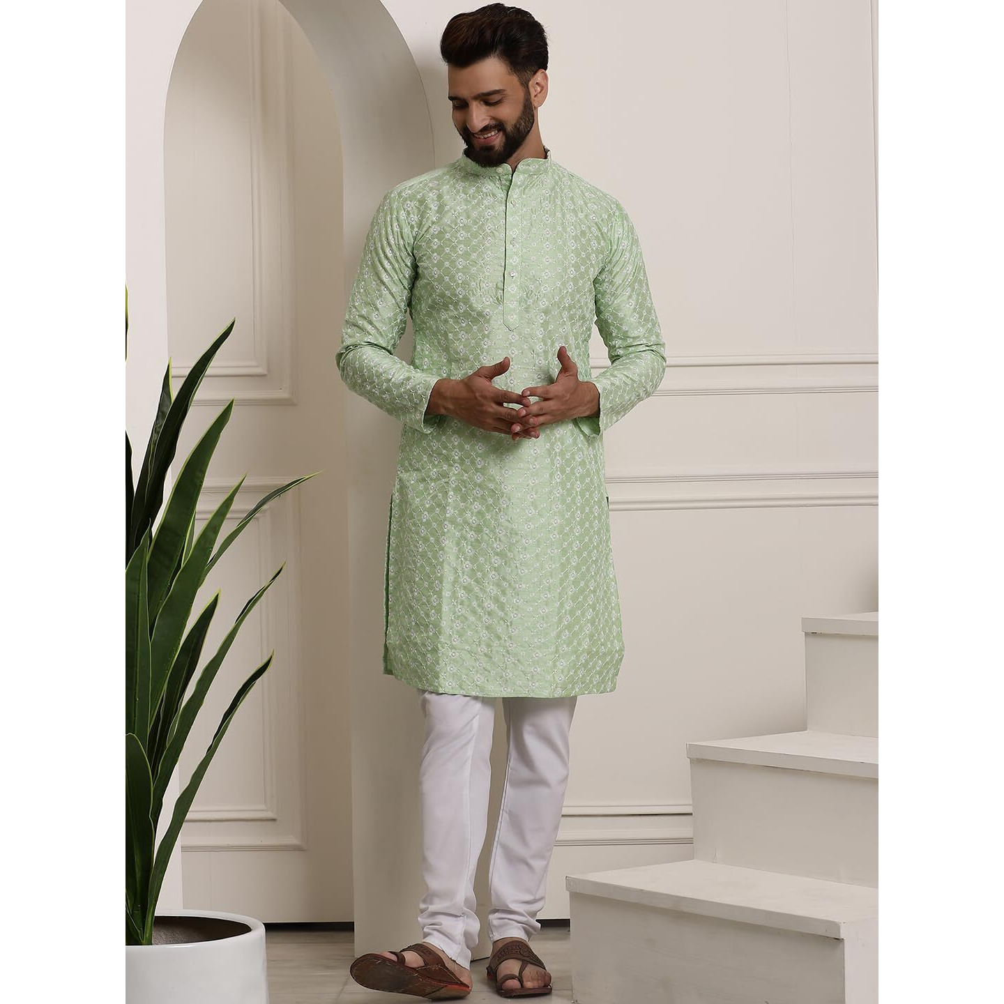 Sojanya (Since 1958 Men's Silk Blend Sea Green Embroidered Only Long Long Kurta