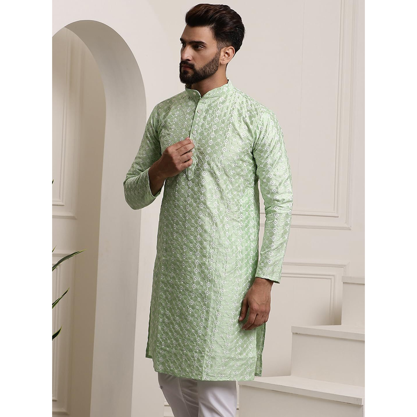 Sojanya (Since 1958 Men's Silk Blend Sea Green Embroidered Only Long Long Kurta