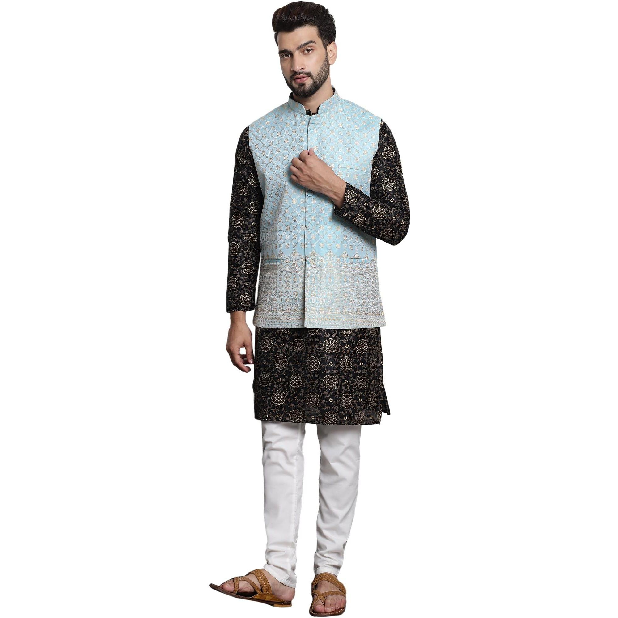 Sojanya (Since 1958 Men's Silk Blend Print Black Kurta And Off-White Pyjama With Blue Nehrujacket