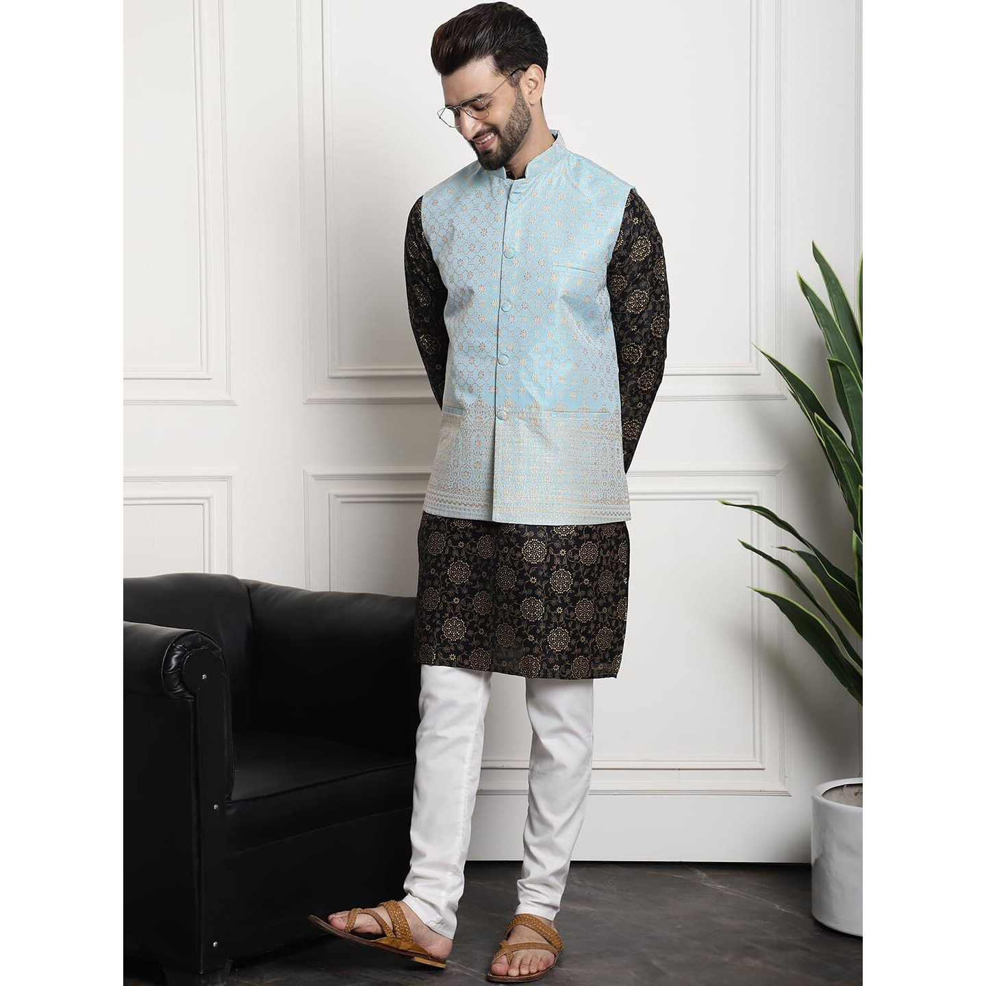 Sojanya (Since 1958 Men's Silk Blend Print Black Kurta And Off-White Pyjama With Blue Nehrujacket