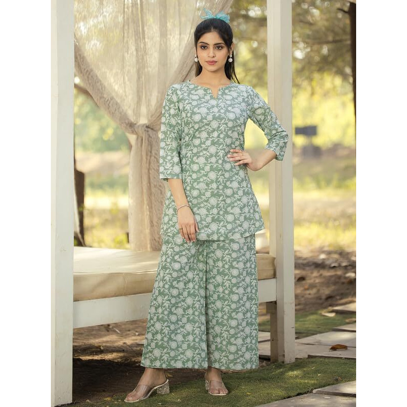 Tee Projekt Cotton Ethnic Wear Co Ord Set For Women | Co Ord Set For Women Stylish Light Green