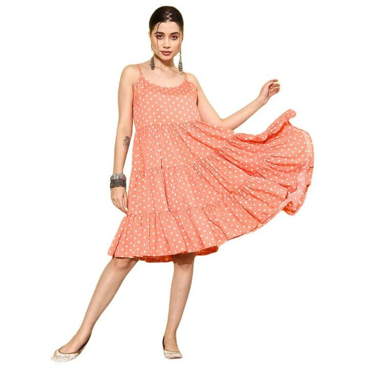 Varanga Peach Polka Dots Printed Tiered Dress