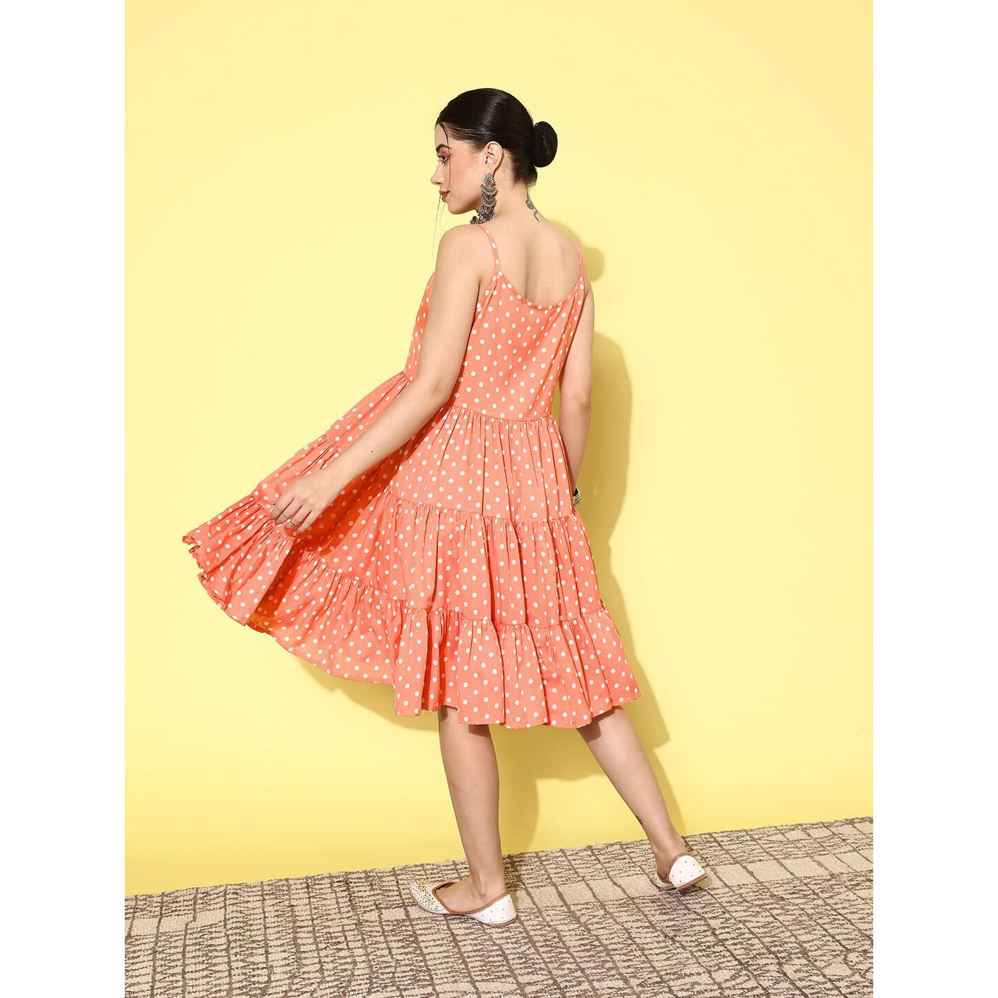 Varanga Peach Polka Dots Printed Tiered Dress