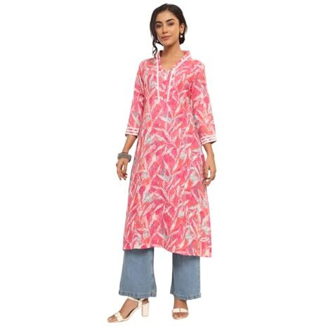 Varanga Women V-Neck Tropical Printed Kurta  Stylish, Comfortable, And Perfect For Relaxed And Casual Looks Pink