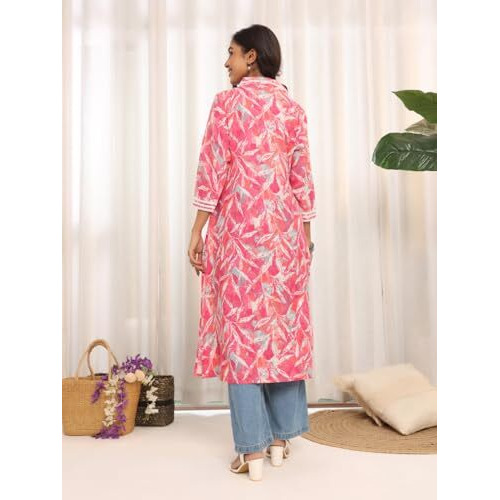 Varanga Women V-Neck Tropical Printed Kurta  Stylish, Comfortable, And Perfect For Relaxed And Casual Looks Pink