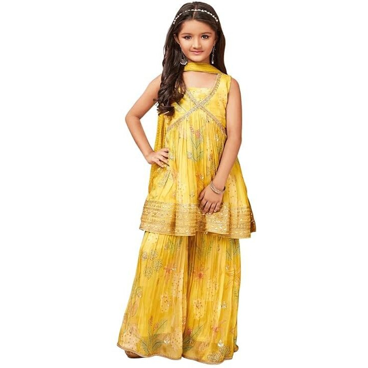 White Button New Yellow Floral Print Alia Cut Peplum Top And Sharara Set For Girls