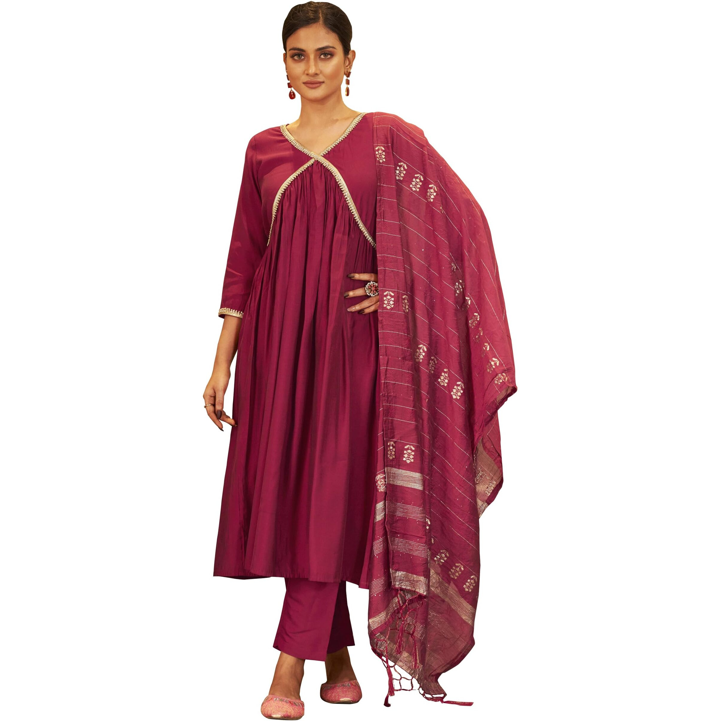 Womanista Women's Silk Blend Stone Work Kurtaset 1182A_Magenta