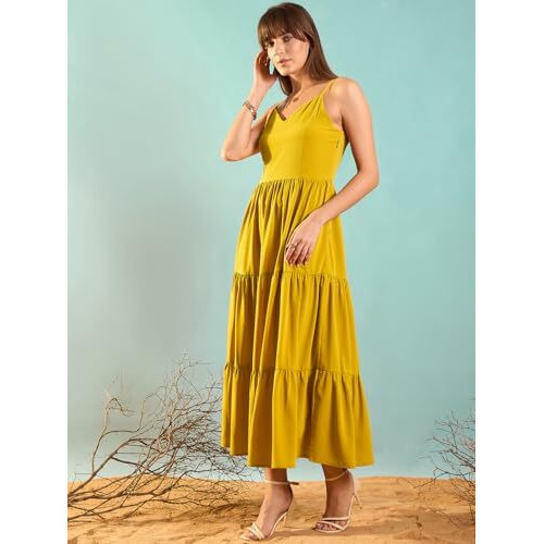 Rare Women's Polyester Fit And Flare Maxi Dress (Ep8142A_Mustard