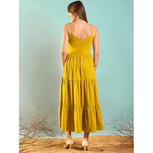 Rare Women's Polyester Fit And Flare Maxi Dress (Ep8142A_Mustard
