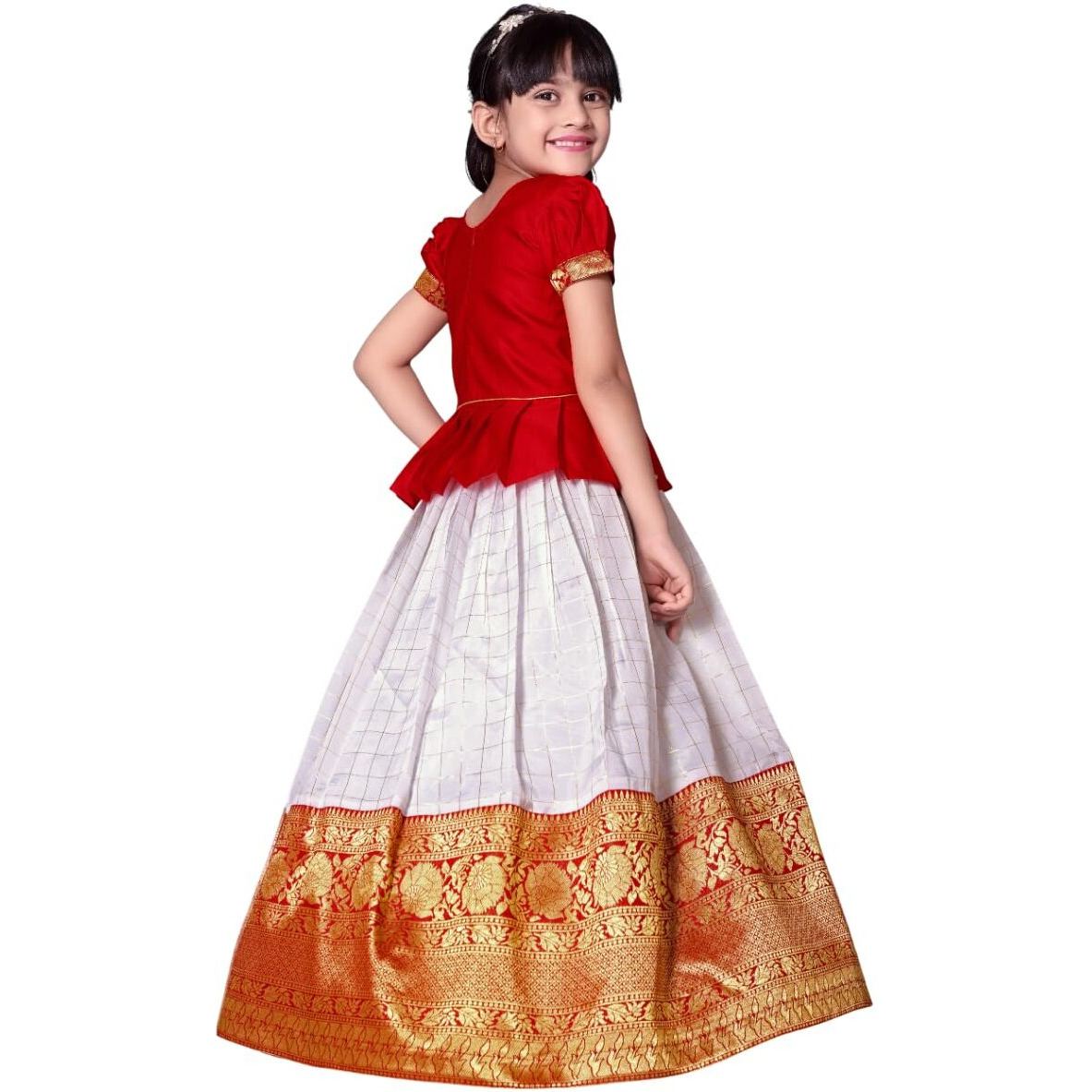 White Button New Latest Girl's Pattu Pavadai Readymade Lehenga Choli For Girls Dress