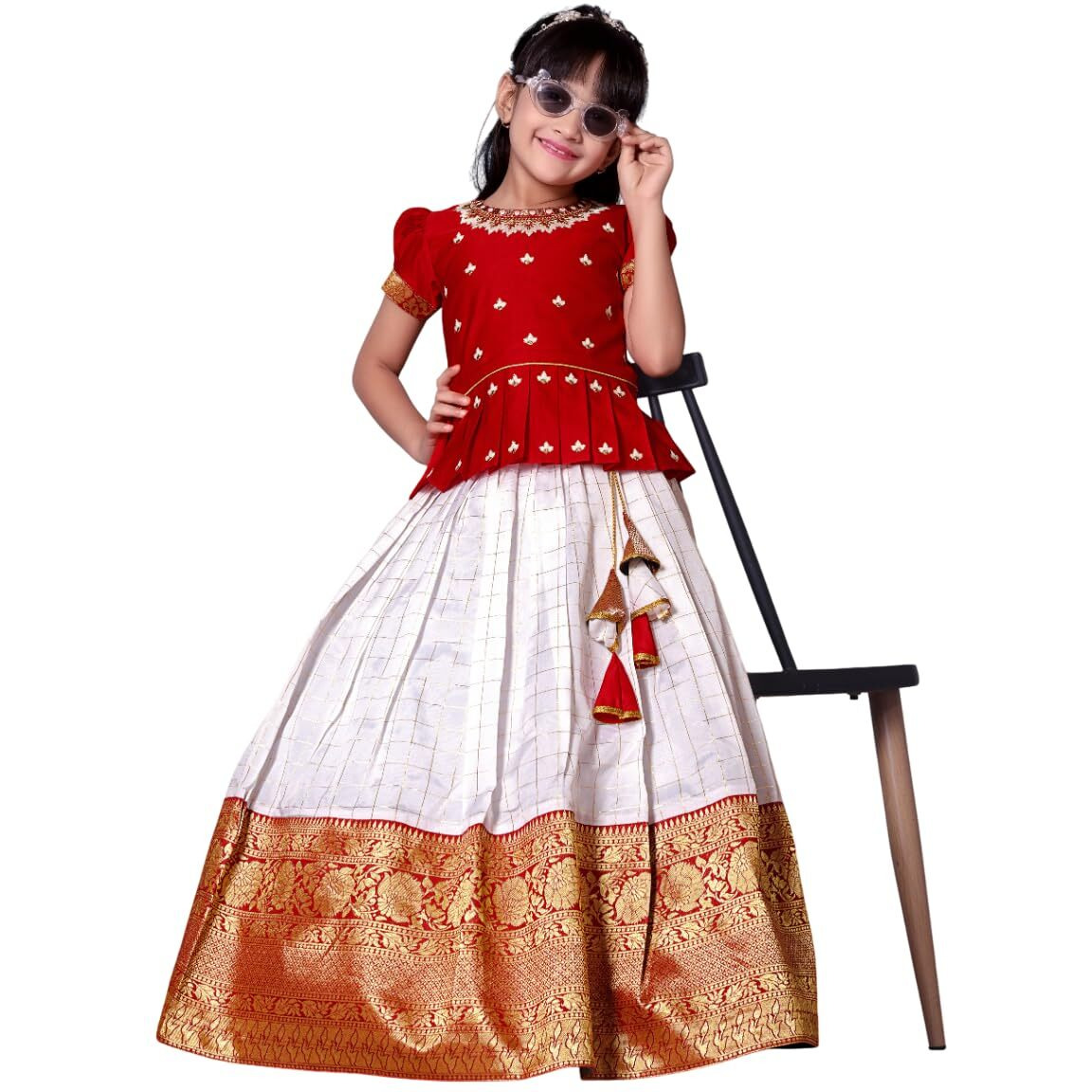 White Button New Latest Girl's Pattu Pavadai Readymade Lehenga Choli For Girls Dress