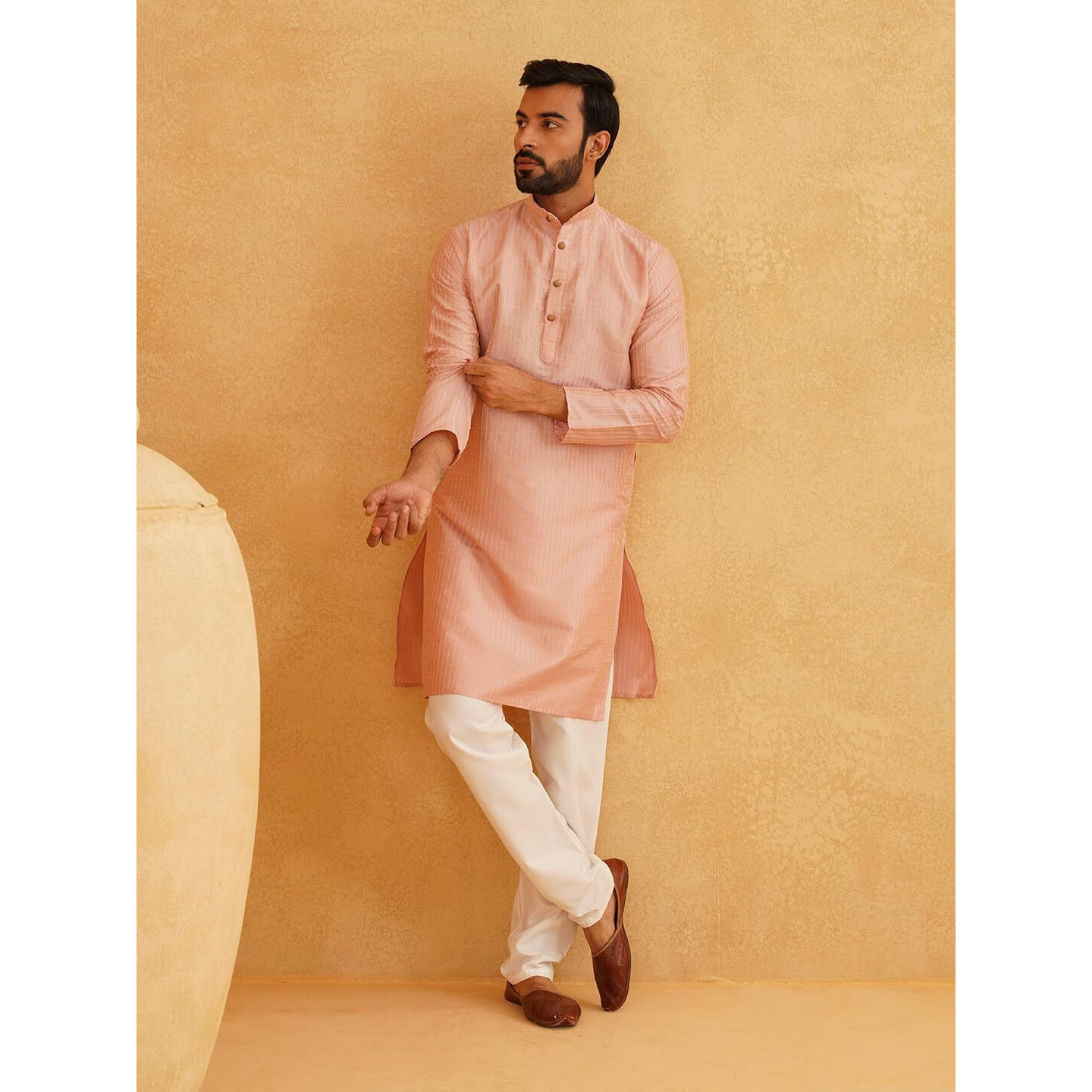 Sojanya (Since 1958 Men's Silk Blend Pink Striped Kurta & Off White Churidaar Pyjama Set Size 40