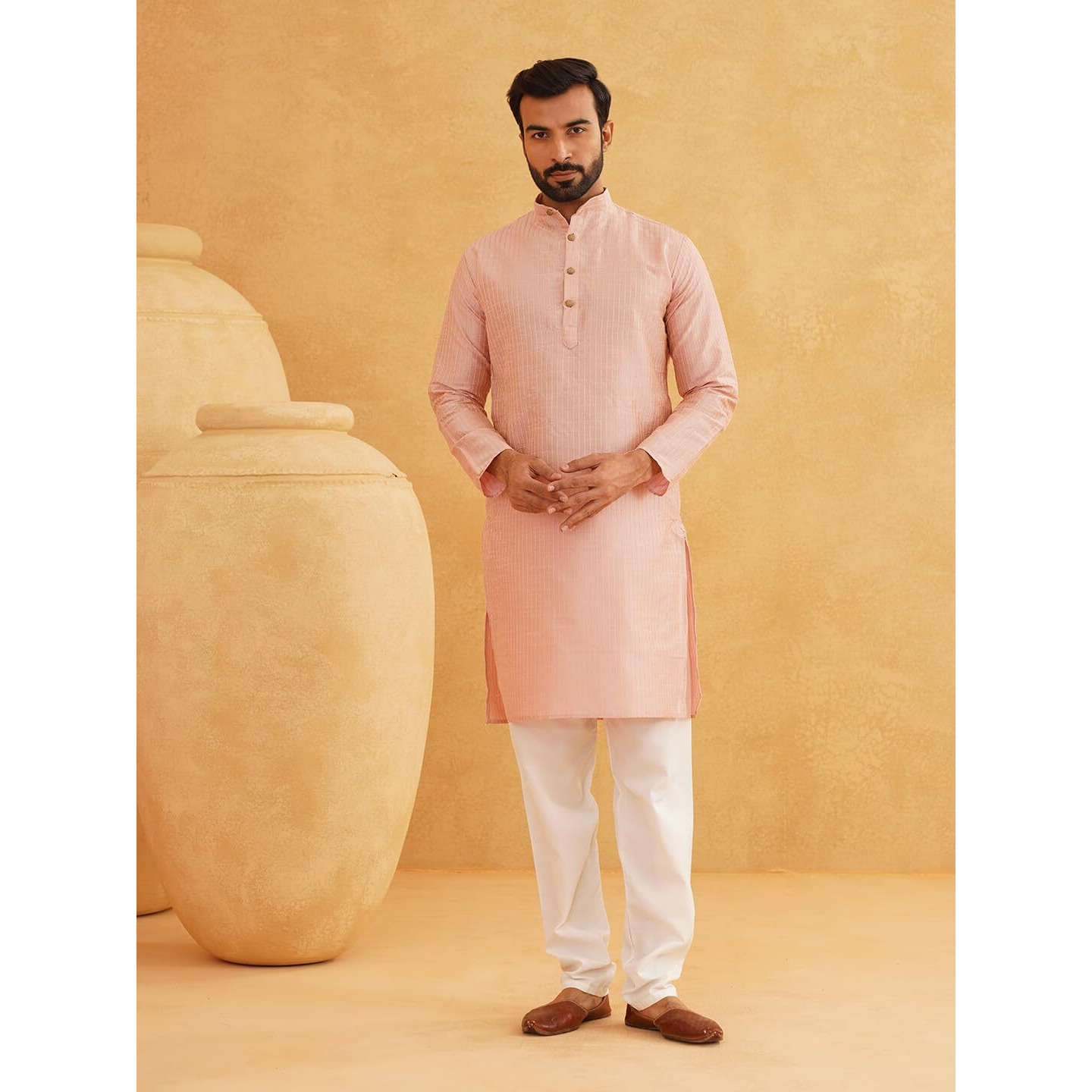 Sojanya (Since 1958 Men's Silk Blend Pink Striped Kurta & Off White Churidaar Pyjama Set Size 40
