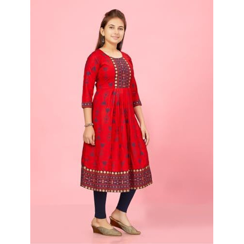 Aarika Girls Red-N-Blue Colour Cotton Kurti Legging Set (Kl-K-Ap-1116-Red-Navy-Blue-36)
