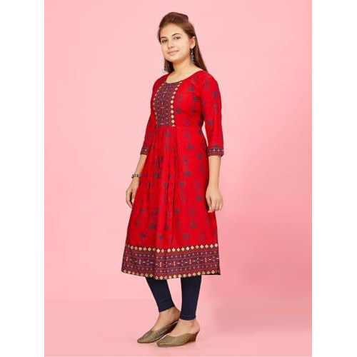 Aarika Girls Red-N-Blue Colour Cotton Kurti Legging Set (Kl-K-Ap-1116-Red-Navy-Blue-36)