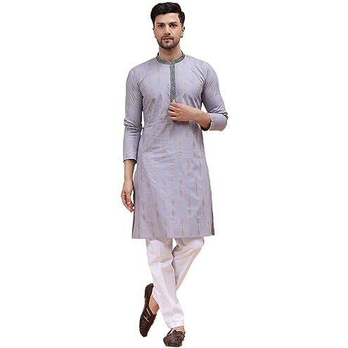 See Designs Grey Cotton Regular Fit Embroidered Kurta_Sdekt1273M