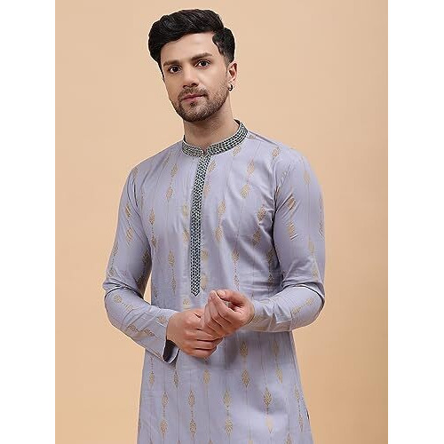 See Designs Grey Cotton Regular Fit Embroidered Kurta_Sdekt1273M