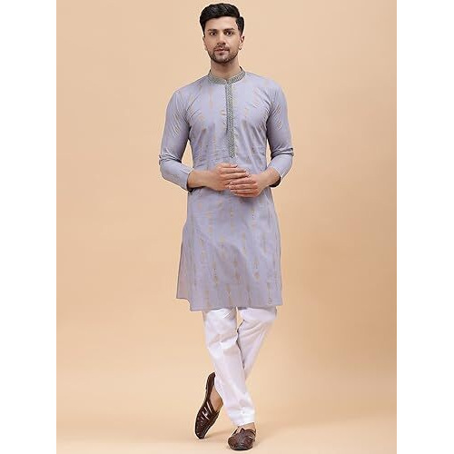 See Designs Grey Cotton Regular Fit Embroidered Kurta_Sdekt1273M